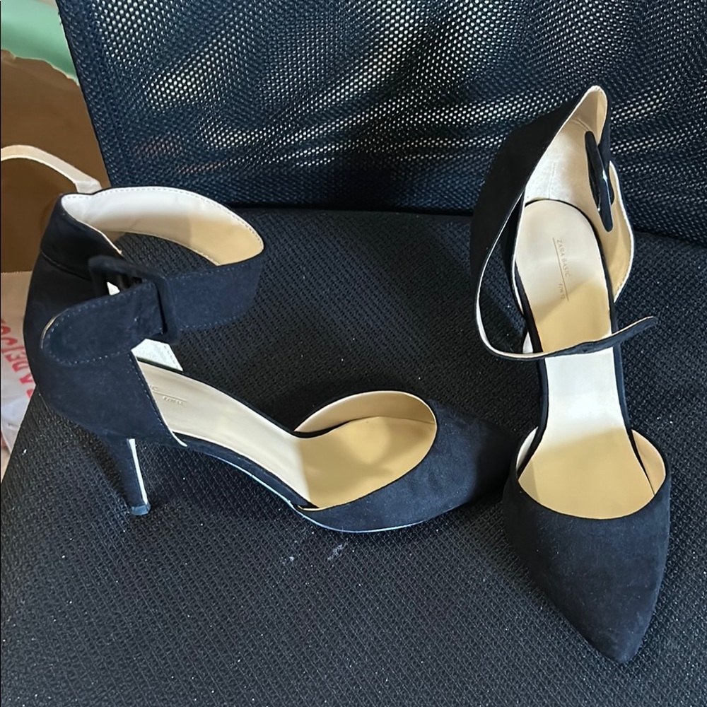 Zara Black Suede Heels with Ankle Strap